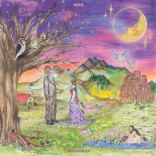 Colorful pencil-drawn fantasy landscape with a ram-headed figure in a suit holding hands with a woman in a purple dress.