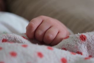 Close-up of a newborn baby's tiny clenched fist resting on a white blanket with red polka dots