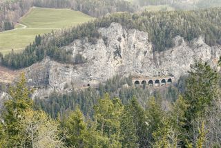 A rock face with train tracks going through a tunnel, on top of the rock face are trees and the picture is taken from across the valley looking down to the rock face