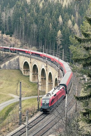 A red and black passenger train is passing over a viaduct that spans a valley, in the background we see a forrest