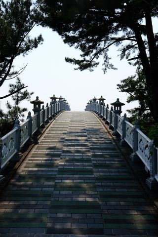 A stone bridge with ornate railings and lanterns ascends towards a bright sky, framed by dark tree branches.