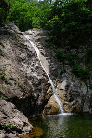 A narrow waterfall cascades down a steep, rocky cliff into a clear, dark green pool, surrounded by vibrant green foliage at the top and sides.