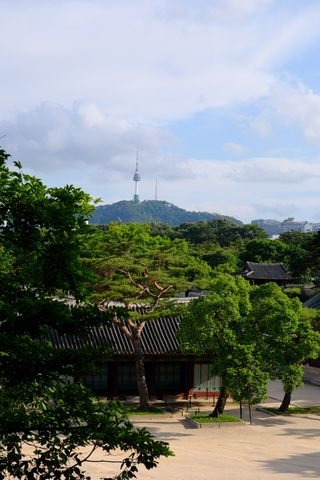 A traditional Korean building with a tiled roof and lush trees in the foreground, with the N Seoul Tower visible on a hill in the background under a cloudy sky.