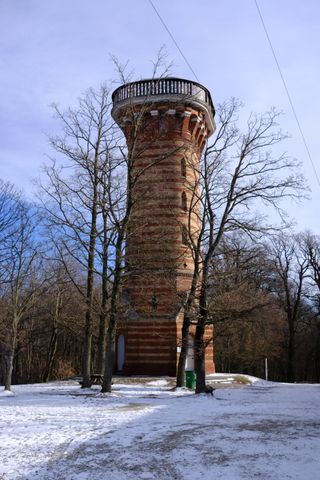 A tower on the top of the hill, surrounded by trees and snow is on the ground; the tower is horizontally striped with yellow and red bricks